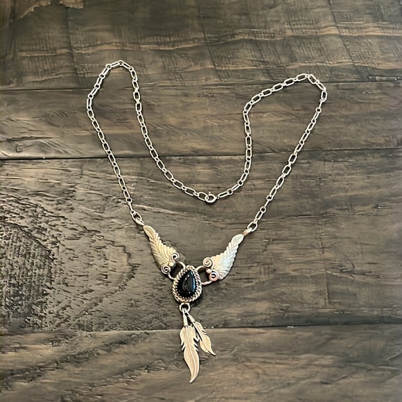 Vintage & Unique Native Sterling & Onyx Feather Necklace - Picture 2 of 8